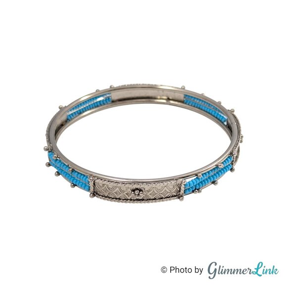Southwestern Style Silver Tone Bangle Bracelet with Teal Seed Beads - Picture 5 of 9